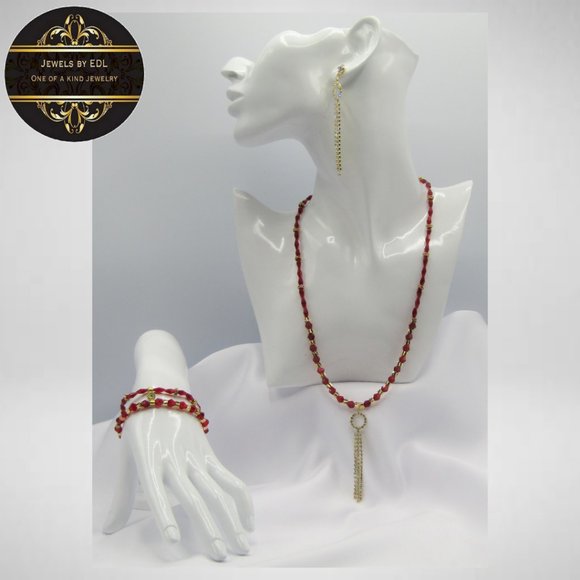 RED RHINESTONE TASSEL Beaded Jewelry Set - Picture 1 of 5